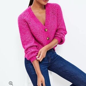 LOFT Fuchsia Chunky Button-Up Cardigan Pointelle V-Neck Sweater